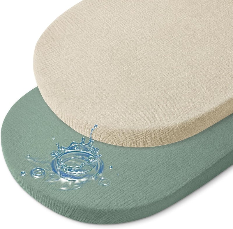 BeBeJoJo Baby Bassinet Sheets TPU Waterproof 2 Pack Soft Muslin Bedside Bassinet Mattress Sheets with Bottom Elastic Band for Baby Boy Girls Unisex Fit Hourglass Oval and Rectangle, Green Ivory - Image 1
